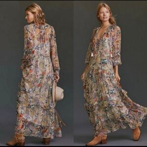 Anthropologie The Marais Printed Chiffon Sheer Floral Maxi Dress Size XS